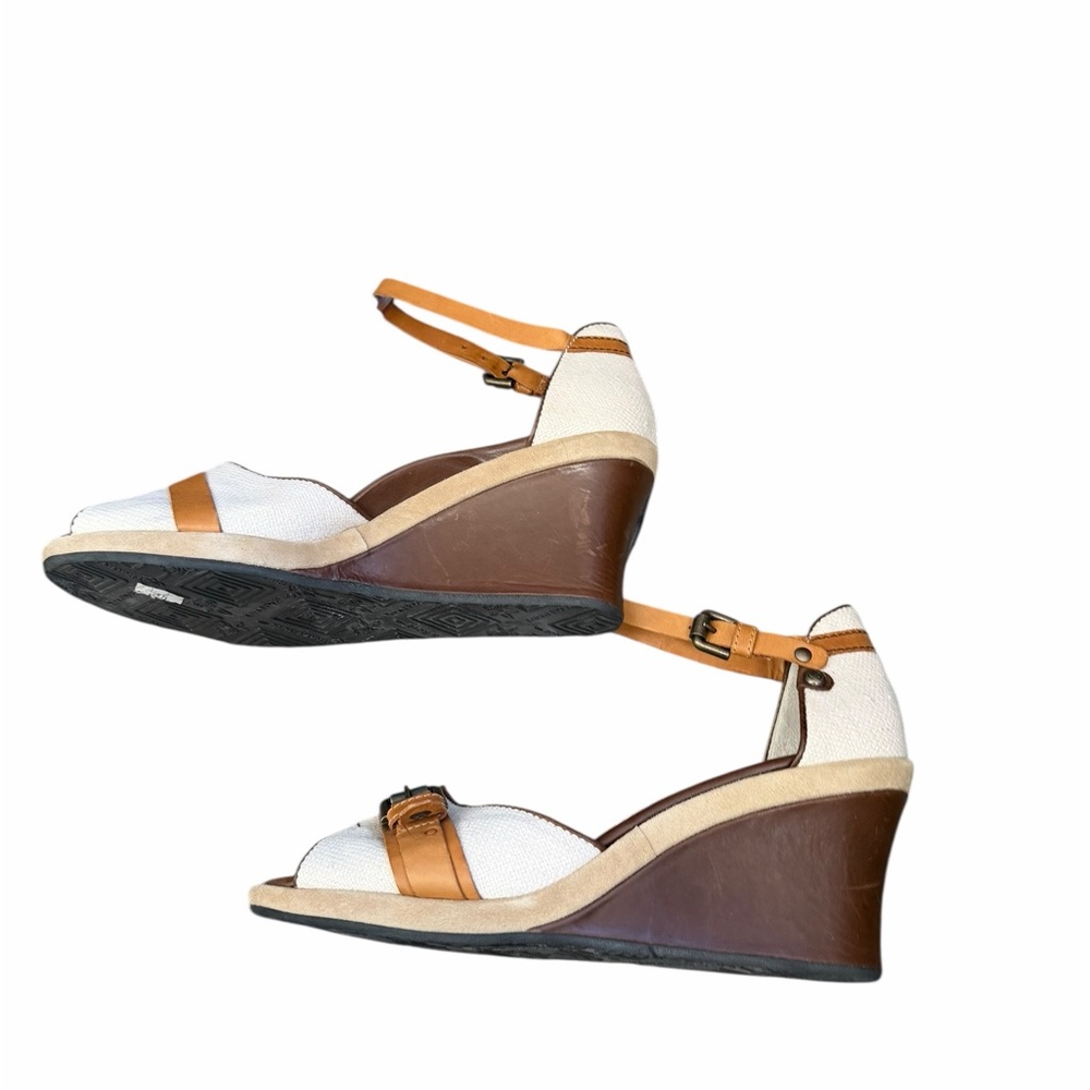 Taryn Rose Tan Leather/Cream Textured Fabric Wedge Sandals 8.5 Made in Italy - Picture 4 of 10